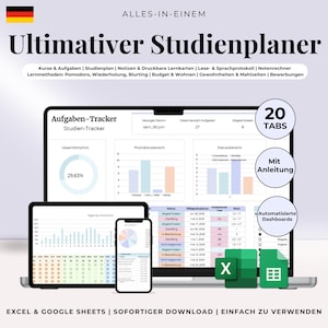 Puede incluir: Planificador de estudios digital con el texto "Ultimativer Studienplaner" en alemán. La imagen muestra un portátil, una tableta y un smartphone que muestran gráficos y datos. Incluye seguimiento de tareas, 20 pestañas y paneles automatizados.