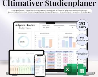 Ultimativer Studienplaner auf Deutsch Excel Google Spreadsheets Studentenplaner Schulplaner Lernplan Vorlage Aufgabenplaner Tracker Uni Akademisch