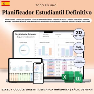 Puede incluir: Un planificador estudiantil digital que se muestra en una computadora portátil, una tableta y un teléfono inteligente. El planificador incluye seguimiento de tareas, gráficos de progreso y un calendario. La imagen también muestra iconos de Excel y Google Sheets, y el texto "20 Pestañas" y "Guía Incluida".