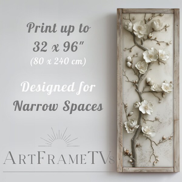 Vintage White Floral Wall Art, Elegant White Blossoms on Branches, Trompe-l'œil Print | Narrow Thin Slim Vertical Wall Art