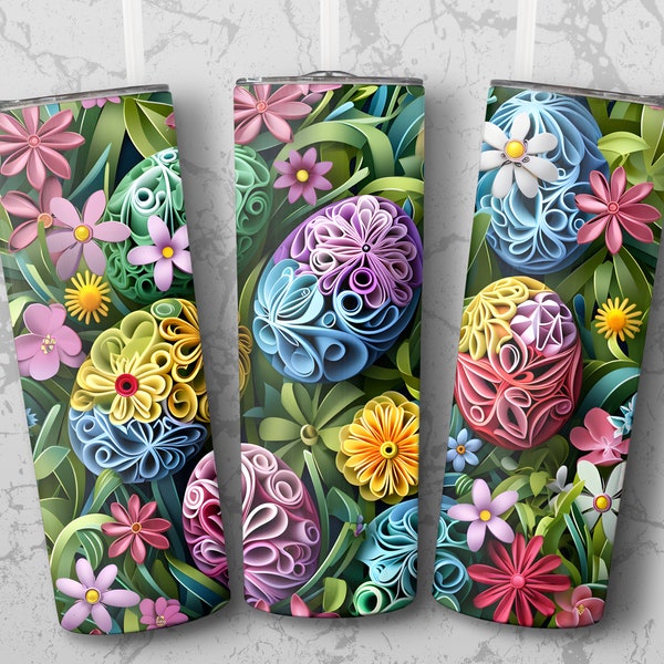 20oz Tumbler 3D Digital Wrap, Floral Easter Eggs Quilling Paper Design, Sublimation Printing, Bright Colors, DIY Tumbler Making, Easter Art