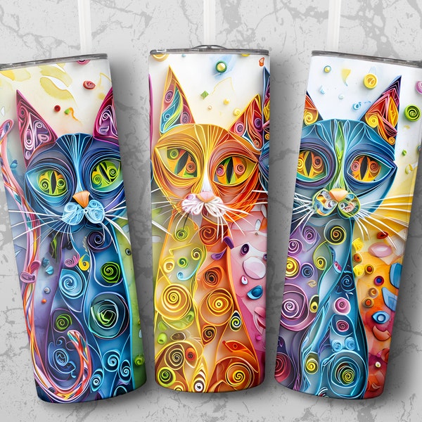 Colorful Quilled Cats 20oz Tumbler Wrap, 3D Digital Design, Sublimation Printing Graphics, Feline Art Tumbler Template, Cat Enthusiasts Gift