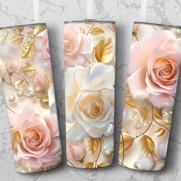 Floral Tumbler 3D Wrap, Rose Gold Sublimation Design, Elegant Pearl and Flower Digital Download, 20oz Tumbler Template. Blush Pink & White