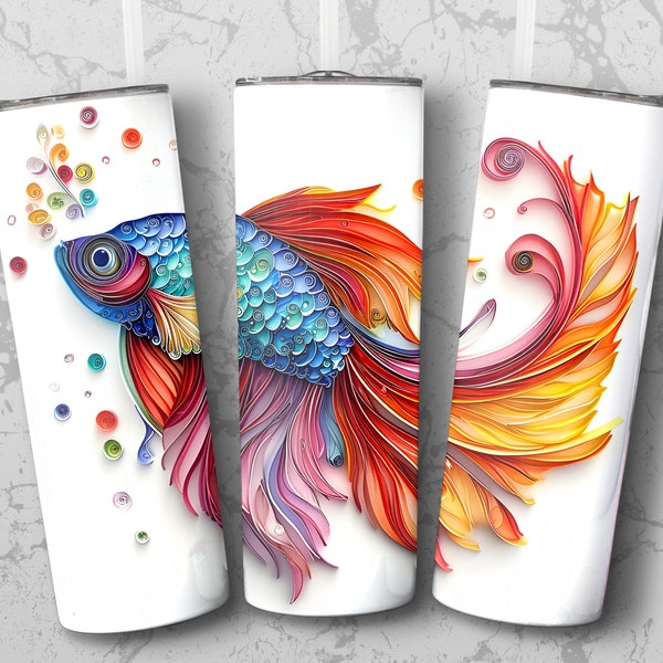 3D Colorful Betta Fish Tumbler Wrap, Quilled Paper Art Sublimation Design, Digital Download, Abstract Fish Tumbler Graphic, Digital Art