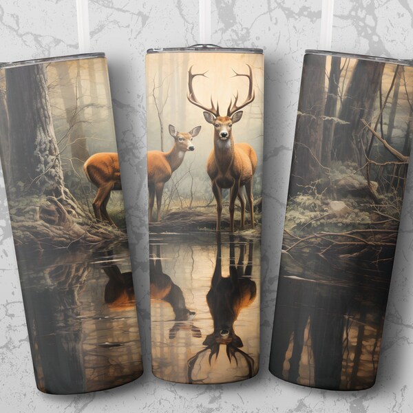 Forest Deer Reflection Tumbler Wrap, Digital Download, Woodland Animal Scenery, 20 Oz Skinny Sublimation DIY Tumbler Design, Nature Inspired