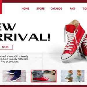 Könnte beinhalten: Ein Paar leuchtend rote High-Top-Sneaker mit weißen Sohlen und Schnürsenkeln. Die Schuhe sind neu und werden für 45,99 € verkauft. Der Text "NEW" wird in einem roten Kreis angezeigt.