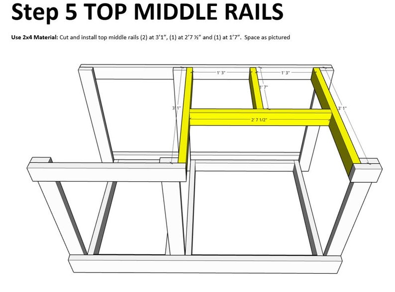 May include: Diagram showing how to install top middle rails for a woodworking project. The diagram shows four yellow wooden rails being installed at different lengths: 3'1", 2'7 1/2", 1'7", and 1'3".