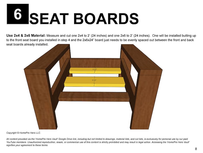 Puede incluir: Una vista cercana de un marco de silla de madera con dos tablas de asiento de madera amarilla instaladas. El marco de la silla est&aacute; hecho de madera de 2x4 y 2x6. Las tablas del asiento tienen 61 cm de largo. El texto "Use 2x4 & 2x6 Material" es visible en la parte superior de la imagen.