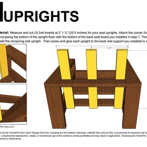Puede incluir: Diagrama que muestra c&oacute;mo construir un marco de asiento de silla de madera. El diagrama muestra ocho tablas de 2x4, tres de las cuales son amarillas, que se utilizan como montantes para el marco del asiento. El diagrama incluye el texto "8 UPRIGHTS" y "Use 2x4 Material: Measure and cut (3) 2x4 boards at 2' 1 1/2" (64,8 cm) for your seat uprights. Attach the corner 2x4 boards first by screwing and gluing the bottom of the upright flush with the bottom of the back seat board you installed in step 7. Then evenly space and install the remaining 2x4 upright. Then screw and glue each upright to the back rest support you installed in step 7."