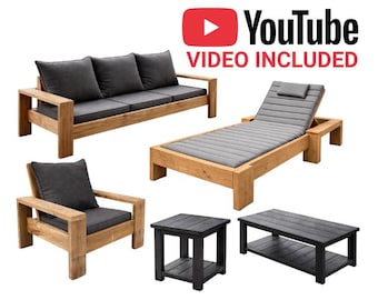 Juego de muebles de exterior DIY (5 planos): sofá, silla, tumbona y mesas (5 planos)