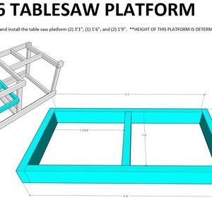 May include: Diagram of a table saw platform made of 2x4 lumber. The platform is 3'1" long, 1'6" wide, and 1'9" high. The height of the platform is determined by the height of the table saw.