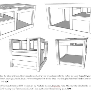 May include: Line drawing plans for a wooden workbench with a shelf and two drawers. The plans show the workbench from four different angles.