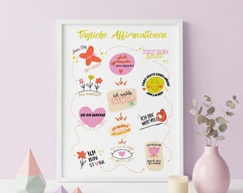 Tägliche Affirmationen Poster, Motivation Poster, Positive Sprüche Wanddeko, Selbstliebe und Motivation, Mindset Poster Deutsch