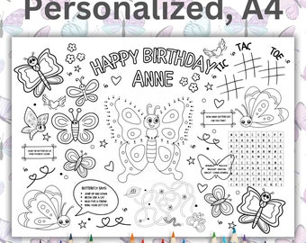 Custom Butterfly Birthday Placemat, Personalized Kids' Table Decor, Printable Coloring Activity, Party Keepsake, Butterfly Coloring Crafts