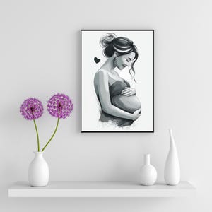Pregnant Woman Art, Pregnancy Art, Pregnancy Printable, Pregnancy Wall Decor, Pregnancy Grayscale Illustration, Digital Pregnancy Line Art