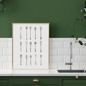 Rustic Kitchen Utensils Wall Art, Vintage Fork Illustration Poster, Farmhouse Decor, Retro Culinary Drawing, Printable Dining Room Artwork