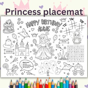 Benutzerdefinierte Prinzessin Geburtstags-Tischset, personalisierte Kindertischdekoration, druckbare Farbaktivität, Party-Andenken, Prinzessinnen-Färbehandwerk