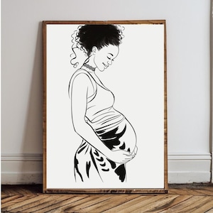 Pregnancy Art, Pregnancy Print, Pregnancy Wall Decor, Ethnic Art, Obgyn Gift, Midwife Gift, Doula Present, Pregnancy Line Art, Doula