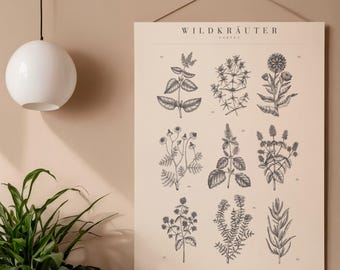 Wildkräuter Poster Vintage, Botanisches Wandbild Küche, Kräuter Illustration schwarz-weiß, Kräuterposter, Naturdeko, Landhausstil