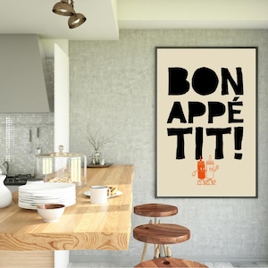 Bon Appetit Poster, Mid Century Typography Print, French Quote Poster, Black and White Kitchen Wall Art, Maximalist Kitchen Print, Printable
