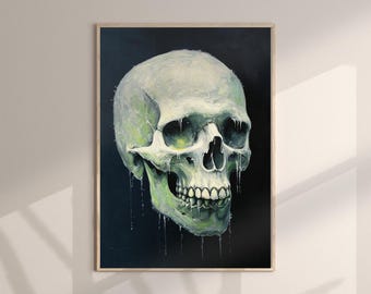 Puede incluir: Una impresión de arte mural enmarcada que presenta un cráneo humano representado en tonos verde pálido y blanco sobre un fondo negro sólido. El cráneo parece derretirse o gotear, con rayas verticales de pintura que bajan desde las cuencas oculares.