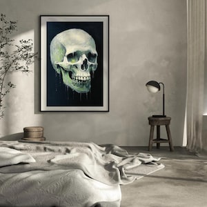 Skull Art Print, Dripping Skull Poster, Grunge Wall Art, Modern Gothic Decor, Creepy Skull Canvas, Abstract Skeleton Artwork, Digital Poster
