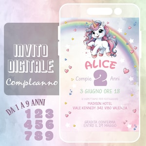 Invito Compleanno Digitale Grafica Personalizzata Inviti personalizzato anni 2 3 4 5 6 7 8 9  bimbo bimba 1 anno bambino bambina Unicorno