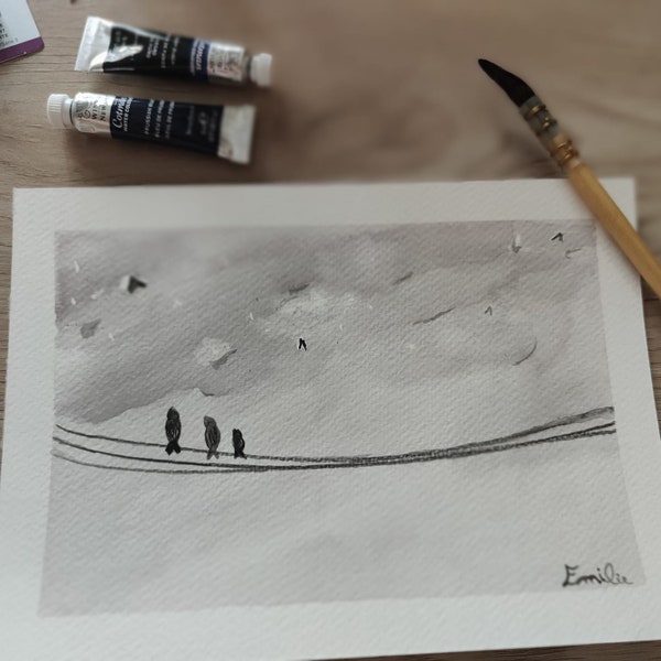 Aquarelle oiseaux temps gris modèle unique fait main