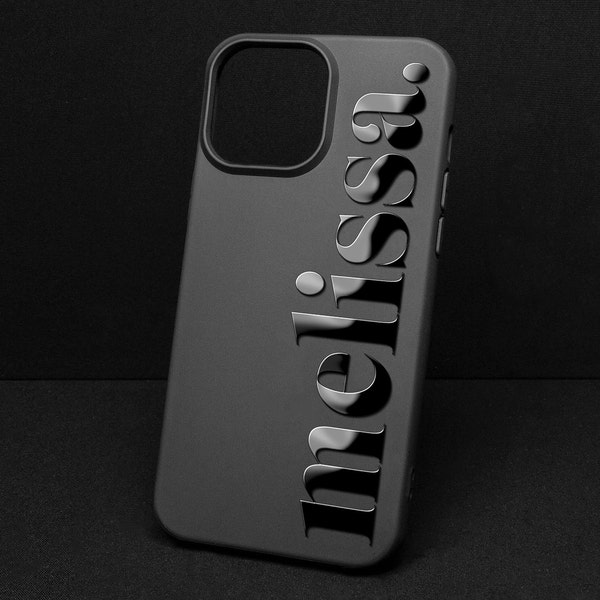 Coque iphone personnalisée avec nom ou logo brillant Coque iphone personnalisée en silicone noir avec nom en relief