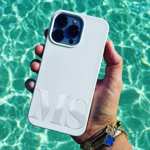 Coque pour iphone personnalisée blanche avec initiales personnalisées en silicone avec nom brillant en relief Coque pour iphone personnalisée Coque pour iphone mariée