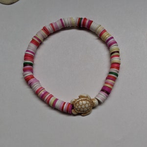 Multi-Color Clay Bead Bracelet: Seafoam Turtle Charm, Beach Jewelry