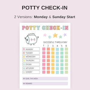 May include: A colorful printable potty training chart with a cartoon toilet paper roll character. The chart has a grid for tracking successful potty attempts each day of the week. It includes spaces for writing in a goal for the week and a reward.