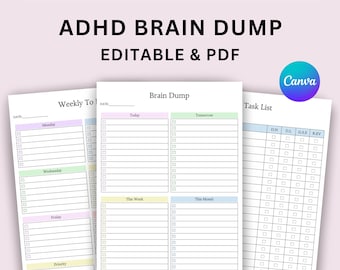 Editable ADHD Brain Dump Templates, Printable ADHD Planner, ADHD Productivity, To Do List Task Thought Organizer, Priority Matrix, Checklist
