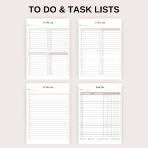 K&ouml;nnte beinhalten: Vier druckbare To-Do- und Aufgabenlisten mit leeren Zeilen zum Schreiben. Die Listen sind mit "To Do List" und "Task List" beschriftet.