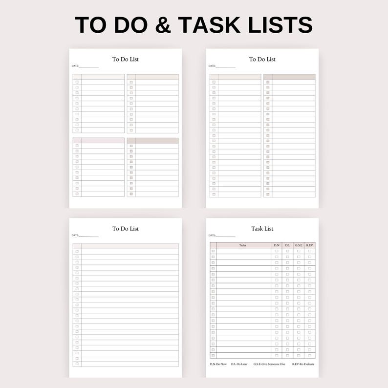 K&ouml;nnte beinhalten: Vier druckbare To-Do- und Aufgabenlisten mit leeren Zeilen zum Schreiben. Die Listen sind mit "To Do List" und "Task List" beschriftet.