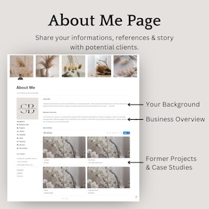 K&ouml;nnte beinhalten: Eine Webseite mit dem Titel "About Me Page" mit dem Text "Share your informations, references & story with potential clients." Die Seite enth&auml;lt ein Logo, Navigation und Abschnitte f&uuml;r Hintergrund, Gesch&auml;fts&uuml;berblick und fr&uuml;here Projekte.