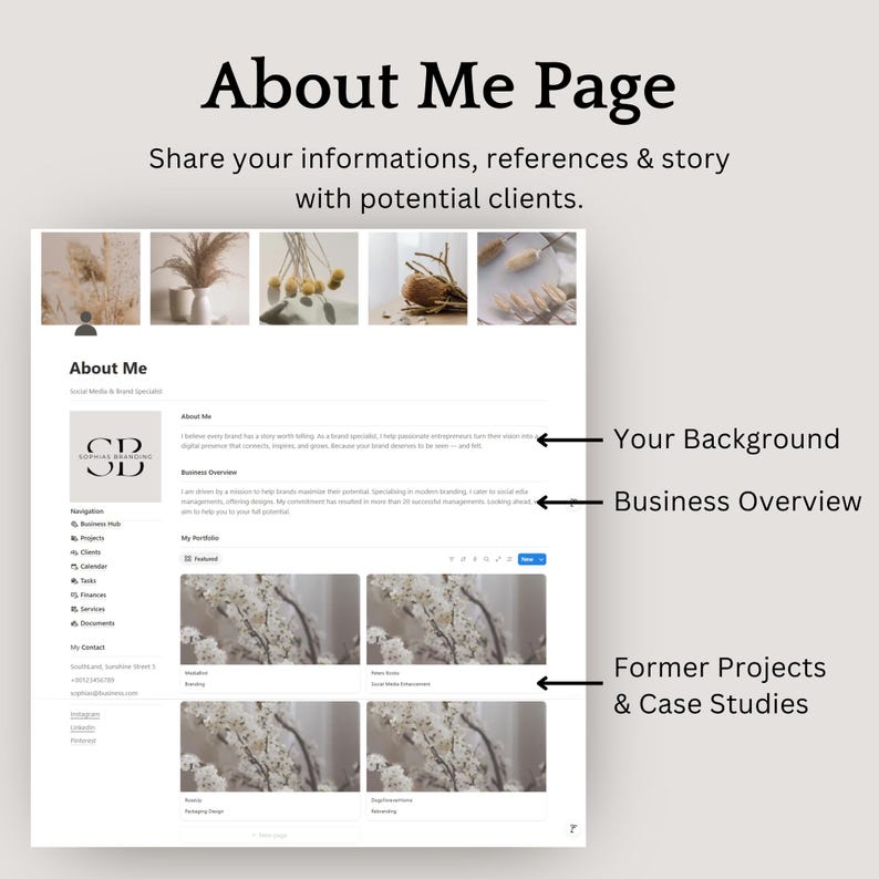 K&ouml;nnte beinhalten: Eine Webseite mit dem Titel "About Me Page" mit dem Text "Share your informations, references & story with potential clients." Die Seite enth&auml;lt ein Logo, Navigation und Abschnitte f&uuml;r Hintergrund, Gesch&auml;fts&uuml;berblick und fr&uuml;here Projekte.