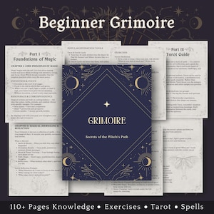 Könnte beinhalten: Ein Anfänger-Grimoire mit dem Titel "Beginner Grimoire" und dem Text "Secrets of the Witch's Path". Das Cover ist dunkelblau mit goldenen Akzenten. Das Buch enthält Abschnitte über Magie, Wahrsagung, Journaling und Tarot.