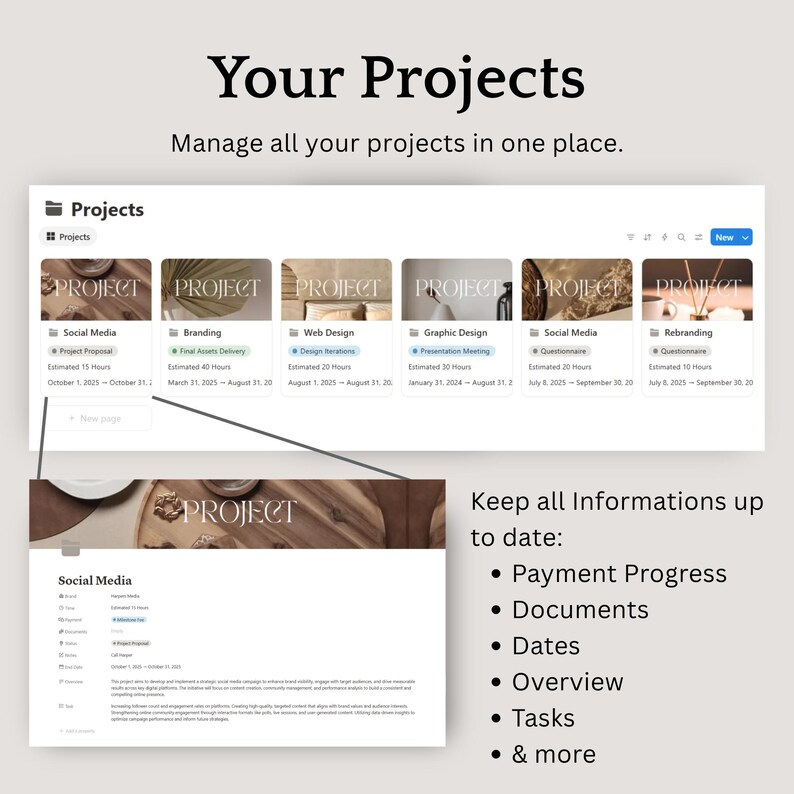 K&ouml;nnte beinhalten: Eine digitale Oberfl&auml;che mit Projektmanagement-Tools. Die Oberfl&auml;che zeigt Projektkarten f&uuml;r Social Media, Branding, Webdesign usw. Der Text enth&auml;lt "Ihre Projekte" und "Verwalten Sie alle Ihre Projekte an einem Ort."
