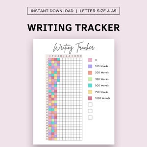 May include: A printable writing tracker with a grid for each day of the month. The grid is color-coded to represent different word count goals: 0, 100, 200, 350, 500, 750, and 1000 words.