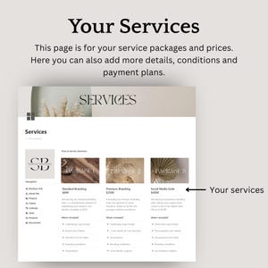 K&ouml;nnte beinhalten: Eine Webseite mit dem Titel "Ihre Dienstleistungen" zeigt Servicepakete und Preise an. Die Seite enth&auml;lt einen Abschnitt mit der Bezeichnung "Dienstleistungen" mit drei Paketen: Standard Branding, Premium Branding und Social Media Suite. Die Seite enth&auml;lt auch ein Navigationsmen&uuml;.