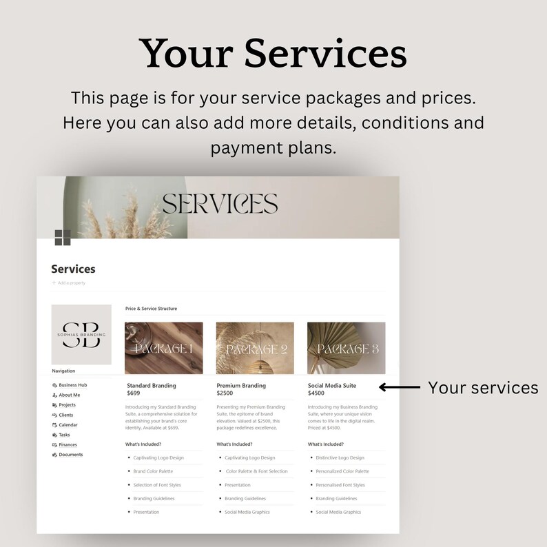 K&ouml;nnte beinhalten: Eine Webseite mit dem Titel "Ihre Dienstleistungen" zeigt Servicepakete und Preise an. Die Seite enth&auml;lt einen Abschnitt mit der Bezeichnung "Dienstleistungen" mit drei Paketen: Standard Branding, Premium Branding und Social Media Suite. Die Seite enth&auml;lt auch ein Navigationsmen&uuml;.