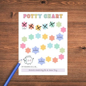 May include: A colorful potty training chart with a star-shaped path and a cartoon toilet paper roll character. The chart has three reward levels and a space to write in a reward. The text on the chart reads "Potty Chart", "Start", "1. Reward", "2. Reward", "3. Reward", and "My reward will be... movie evening & a new toy".