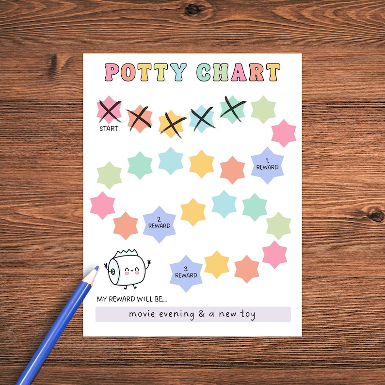 May include: A colorful potty training chart with a star-shaped path and a cartoon toilet paper roll character. The chart has three reward levels and a space to write in a reward. The text on the chart reads "Potty Chart", "Start", "1. Reward", "2. Reward", "3. Reward", and "My reward will be... movie evening & a new toy".