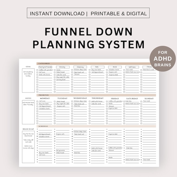 ADHS Planer Ausdrucken Erwachsene, 1-2-3 Funnel Down Planungs System, ADHS Planer Vorlagen, Neurodivergent Wochen Planer Digital PDF