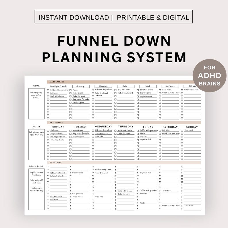 May include: A printable weekly planner with a funnel down planning system for ADHD brains. The planner is divided into categories for family and friends, grocery, cleaning, pets, work, self-care, and fitness. Each day has a section for notes, prioritize, and schedule. The planner also includes a brain dump section for jotting down ideas.