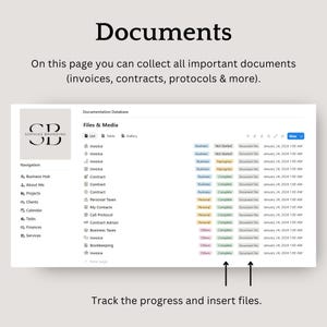 K&ouml;nnte beinhalten: Screenshot eines digitalen Dokumentenverwaltungssystems. Die Oberfl&auml;che zeigt eine Liste von Dateien, darunter Rechnungen und Vertr&auml;ge, mit Optionen zur Fortschrittsverfolgung und zum Einf&uuml;gen von Dateien. Die Seite tr&auml;gt den Titel "Dokumente".