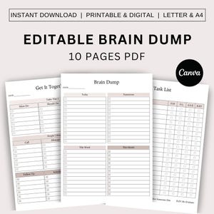 Könnte beinhalten: Druckbarer Brain-Dump-Planer mit Abschnitten für "Get It Together", "Brain Dump" und "Task List". Der Planer enthält Abschnitte für "Must Do", "Tasks That I Should Do", "Call", "People I Should Message", "Follow Up", "Schedule", "Today", "Tomorrow", "This Week", "This Month", "D.N", "D.L", "G.S.E", "R.E.V", "Delegate Someone Else" und "R.E.V - Re-Evaluate".