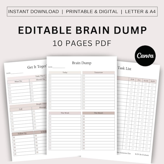 Editable ADHD Brain Dump Templates, Printable ADHD Planner, ADHD Productivity, To Do List Task Thought Organizer, Priority Matrix, Checklist