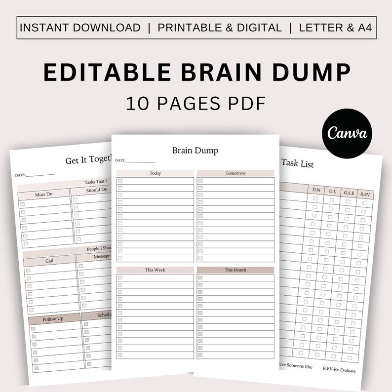 ADHD Brain Dump, ADHD Organizer, Productivity Task List, Priority Matrix Editable Template